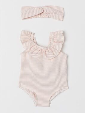3/$30 NWT H&M Baby Girl Pink Striped Ruffle Swimsuit & Headband Set - Size 2-6M